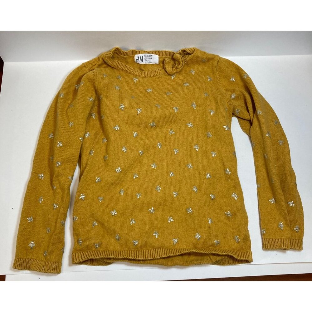H&M Sweater Girls 3 4T Gold with Silver Glitter Stars Long Sleeve Knit